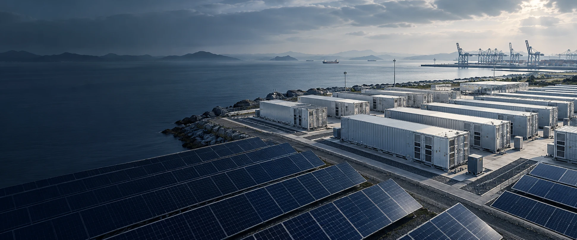 沿海储能设施与光伏板的能源行业概念场景